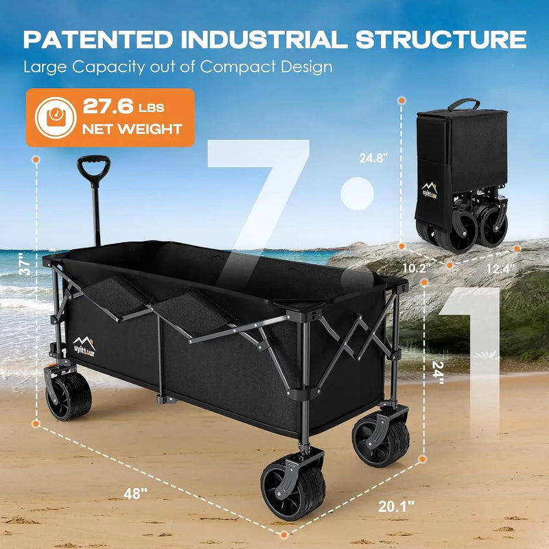300L Extra Large Collapsible Foldable Wagon, 440lbs Load Capacity 48''L Extended Heavy Duty Folding Beach Wagon with Big All-Terrain Wheels, Utility Garden Cart for Outdoor Activities, Black by GreenHaven Gardens