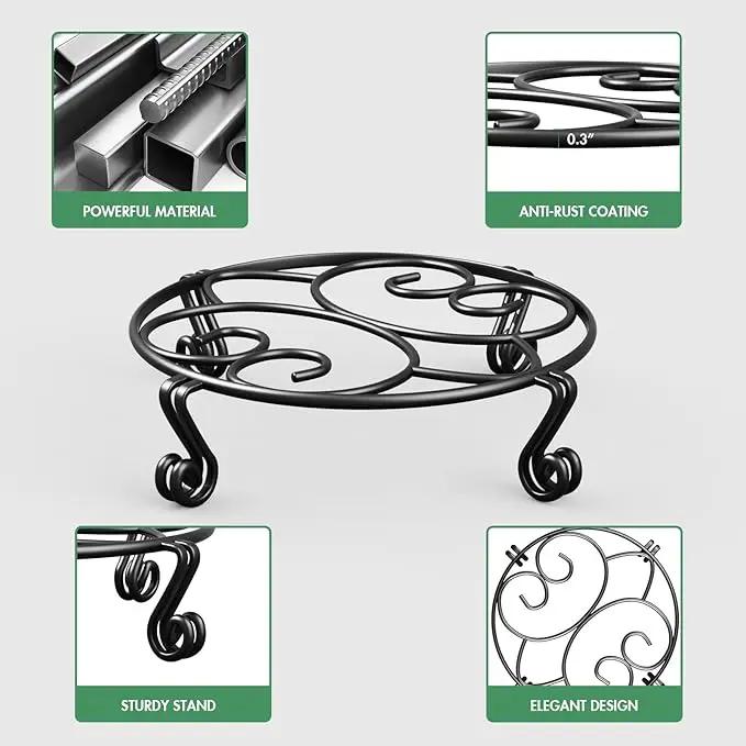 Yimobra 4 Pack Plant Stand for Flower Pot Heavy Duty Potted Holder Indoor Outdoor Metal Rustproof Iron Garden Container Round Supports Rack for Planter (4PC Black 11.8 x 3.1IN) by GreenHaven Gardens