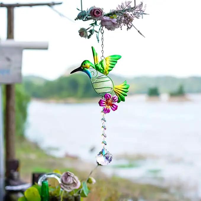 Stained Metal Hummingbird Suncatcher, Window Crystal Prisms Sun Catcher Hanging Ornament Rainbow Maker Bird Garden Wall Art Fence Decorations by GreenHaven Gardens
