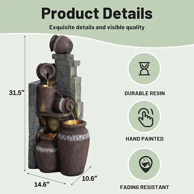 6-Tiers Garden Waterfall Fountain Outdoor - 31’5''H Water Fountains and Waterfalls, Large Outdoor/Indoor Floor Standing Resin Water Fountain with LED Light for Patio, Garden and Home (31.5”H) by GreenHaven Gardens