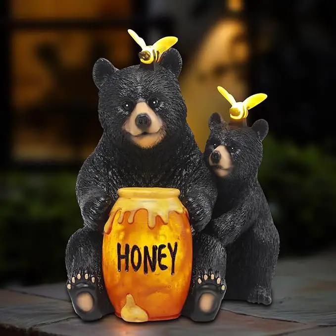 Solar Garden Decor Statues 7" Resin Mother&Cub Bear Figurines with Honey Jar Waterproof Black Bear Decor for Outside Yard Patio Porch Decoration Gift for Mom Grandma by GreenHaven Gardens
