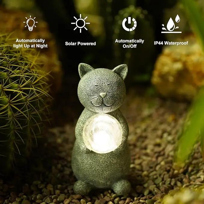 Solar Cat Statue - Garden Decor with LED Lights, Perfect for Mom or Grandma (Gray Cat) by GreenHaven Gardens