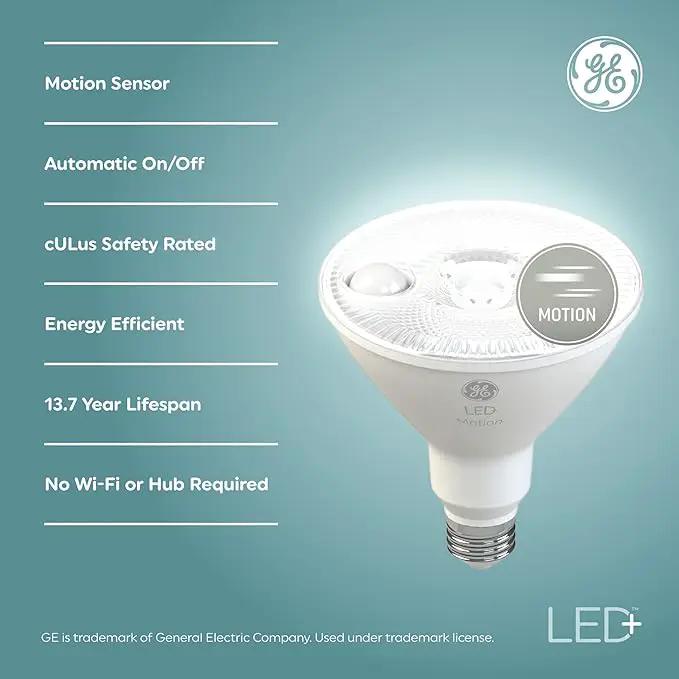 GE LED+ Motion Sensor LED Light Bulbs, 15W, PAR38 Outdoor Security Floodlight, Warm White (2 Pack) by GreenHaven Gardens