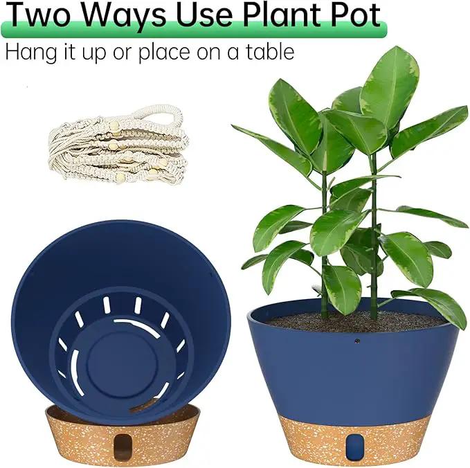 ZMTECH 2 Pack 8 Inch Blue Hanging Planters with Macrame Plant Hanger for Indoor and Outdoor Plants, Self Watering, Drainage Hole, Visible Level Tray by GreenHaven Gardens