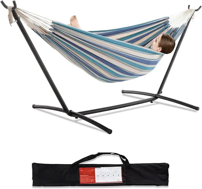 PNAEUT Double Hammocks with Stand for Outside, Portable Space Saving Heavy-Duty Steel Stand for Indoor Outdoor Patio with Carrying Bag, 450 lbs Capacity (Lightblue) by GreenHaven Gardens