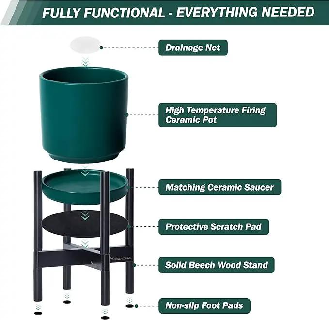 D'vine Dev Ceramic Planter with Ebony Stand - 8 Inch Modern Round Flower Pot with Wood Planter Holder, Teal, 55-B-M-4 by GreenHaven Gardens