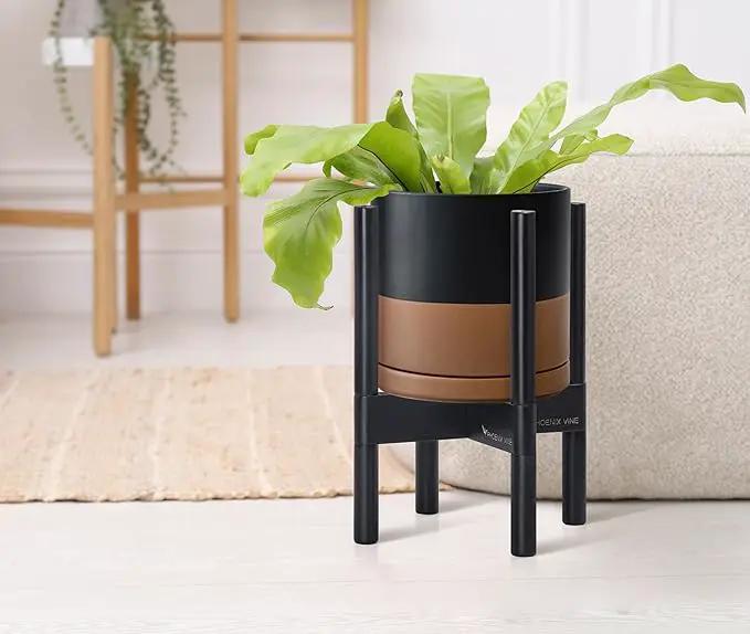 D'vine Dev Ceramic Planter with Ebony Stand - 8 Inch Modern Round Flower Pot with Wood Planter Holder, Black/Speckled Tan, 55-B-M-7 by GreenHaven Gardens