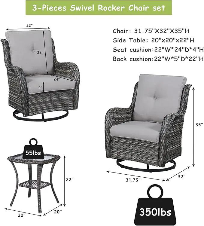 Outdoor Patio Swivel Rocker Chairs - 3 Piece Patio Bistro Set,Wicker Patio Furniture Set with 2 Swivel Rocking Chairs and 1 Glass Top Side Table for Deck Porch Garden,Mixed Grey/Grey by GreenHaven Gardens