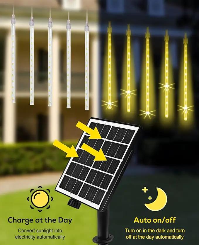 Meteor Shower Rain Lights Solar Christmas Lights Outdoor Falling Rain Drop Lights Snowfall Icicle Cascading String Lights 16 Tubes 16 Inch 576LED for Xmas Tree Wedding Party Holiday Patio Garden Decor by GreenHaven Gardens