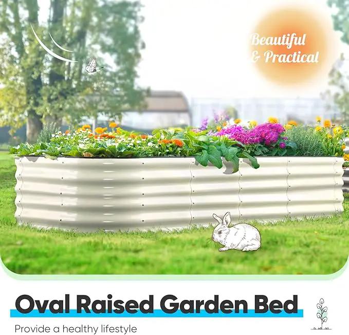 Quictent Galvanized Raised Garden Bed Kit Tall, 6x3x1.5 ft Oval Large Planting Box Rubber Strip Edging, for Vegetables Outdoor Strengthened by Crossbar (Beige) by GreenHaven Gardens