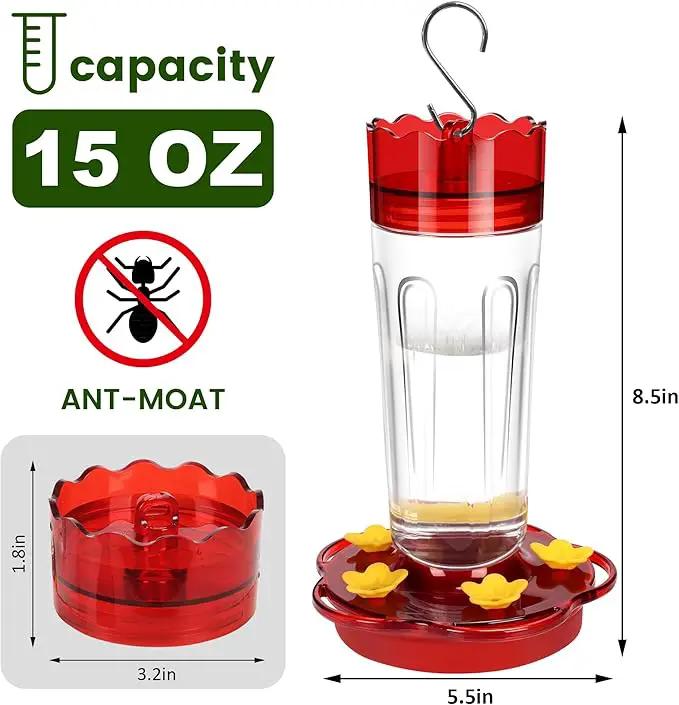 Glass Hummingbird Feeders for Outdoors Hanging Ant and Bee Proof, 1 Pack 15 Ounces Red Hummingbird Feeder with 5 Feeding Ports and Perches, Built-in Ant Moat, Outside Garden Décor (Glass, 1) by GreenHaven Gardens