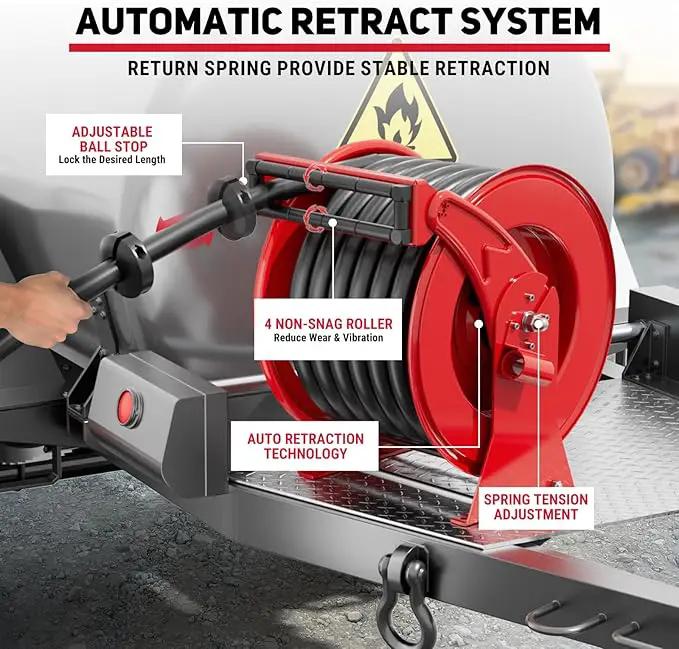 Fuel Hose Reel 1" x 50FT Extra Long Retractable Diesel Reel 300 PSI Auto Swivel Rewind Diesel Hose Reel with Fueling Nozzle Industrial Carbon Steel for Vehicle Tank Truck Trailer Ship, Red by GreenHaven Gardens