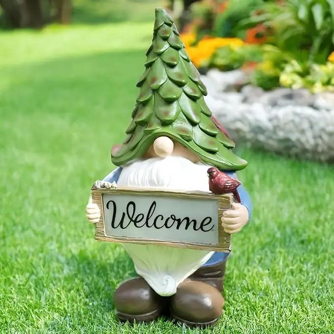 Garden Gnome Statue with Solar Lights, 13.5” Welcome Sign Gnome Outdoor Decor for Yard Lawn Patio, Funny Resin Gnome Sculptures, Gifts for Women Mom Grandma,Garden Decor Ornament by GreenHaven Gardens