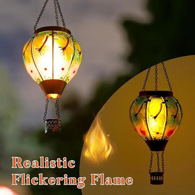 Dragonfly Solar Hot Air Balloon Lantern with Flame, Glass Hot Air Balloon Solar Lantern Outdoor Waterproof, Decorative Hanging Hot Air Balloon Solar Light for Outside Garden Patio Yard by GreenHaven Gardens