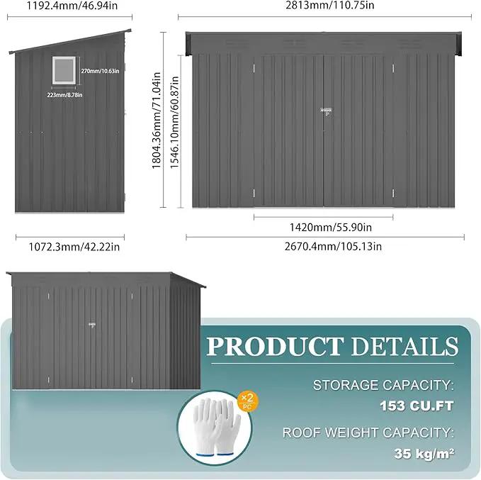 4 * 9.2 * 6 FT Outdoor Storage Shed, Galvanized Steel Garden Shed with Lockable Door & Window, Waterproof Metal Tool Storage for Garden, Backyard, Patio, Lawn(Gray) by GreenHaven Gardens
