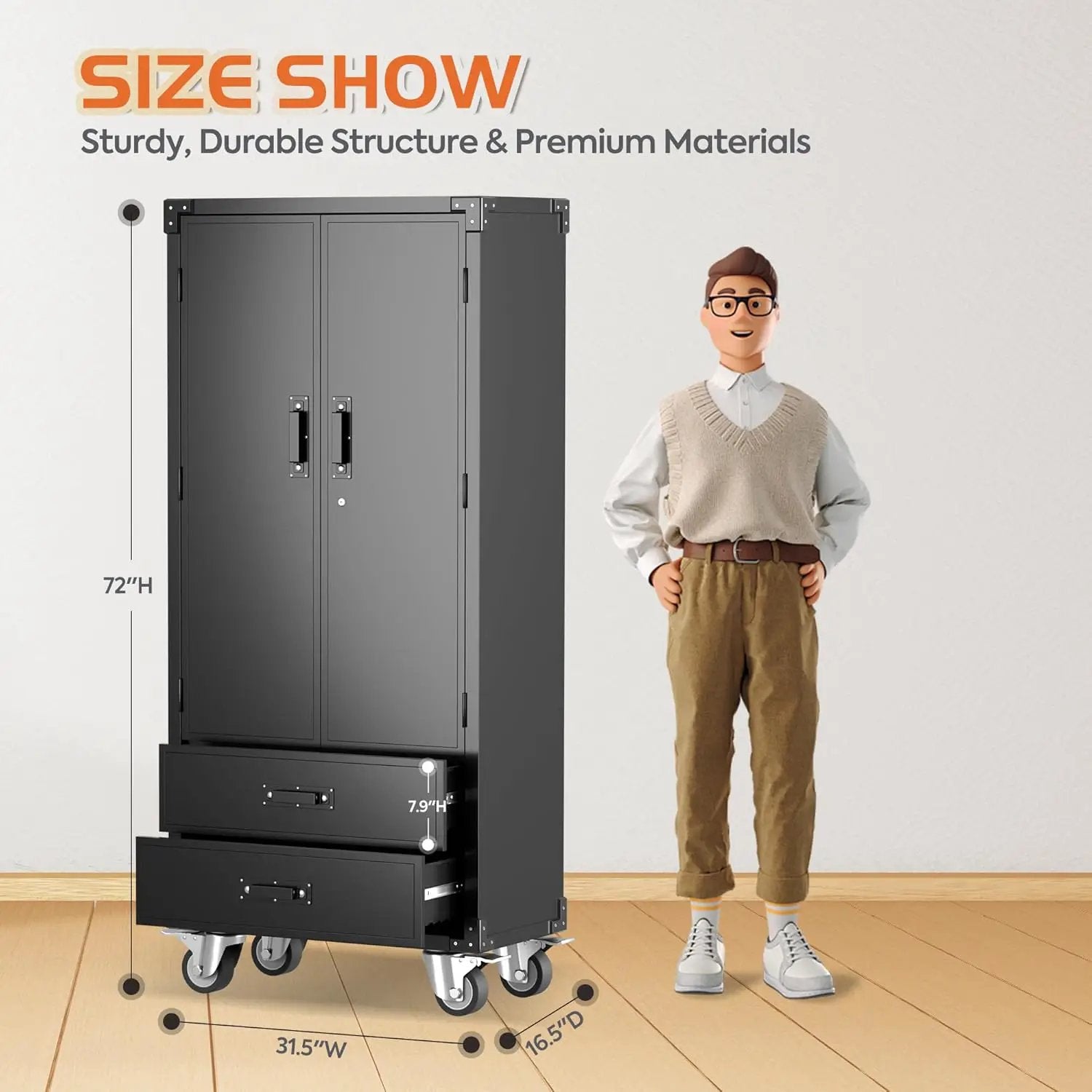 Metal Storage Cabinet with 2 Drawers, Garage Tool Cabinet on Wheels for Home Office Garage,Assembly Required,Black by GreenHaven Gardens