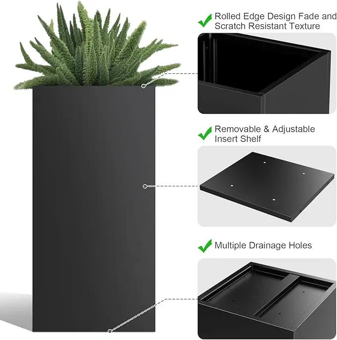 Tall Metal Cube Planter for Outdoor Plants 15" L x 15" W x 30" H, Heavy Duty Steel Planter Box with Removable Insert Shelf, Rectangular Planters for Porch, Garden, Yard, Hotel (Black) by GreenHaven Gardens