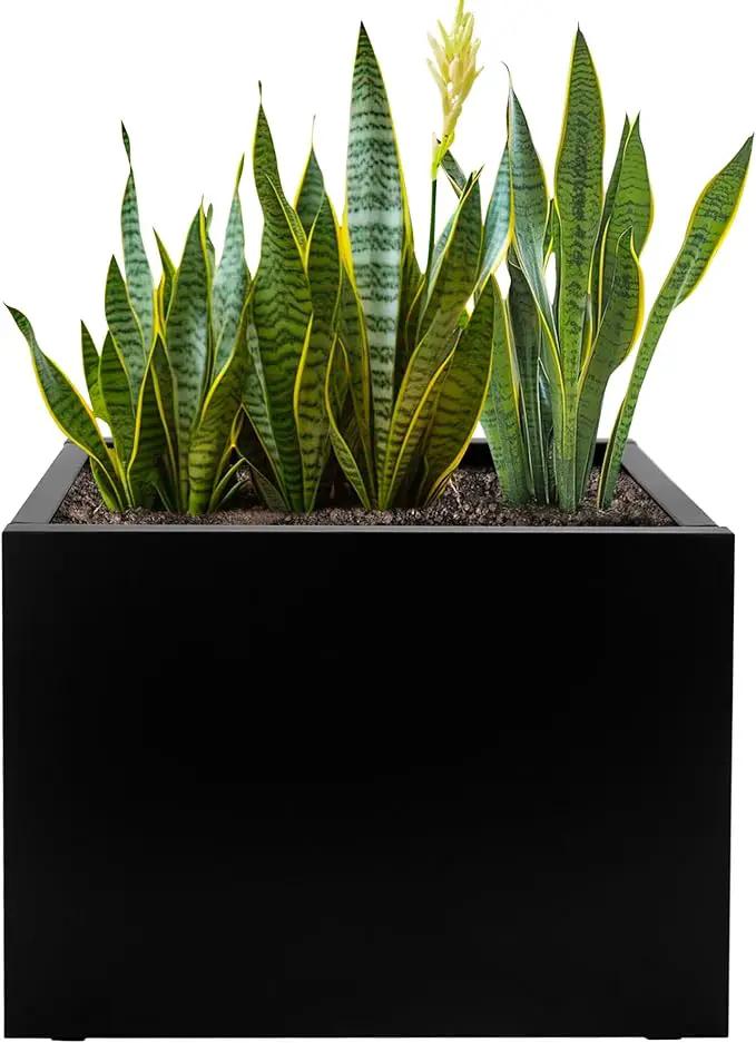 Galvanized Steel Rectangular Planter, 16"x 12"x 12" Small Planters for Outdoor Plants, Black Outdoor Planter with Drainage Holes by GreenHaven Gardens
