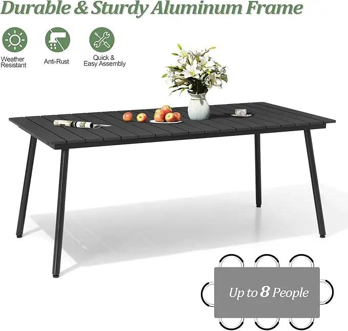 Outdoor Dining Table for 6, 70inch Patio Dining Table with Wooden-Like Top and Aluminum Frame, Rectangular Table with Umbrella Hole Outdoor Furniture, Only Table, Black by GreenHaven Gardens