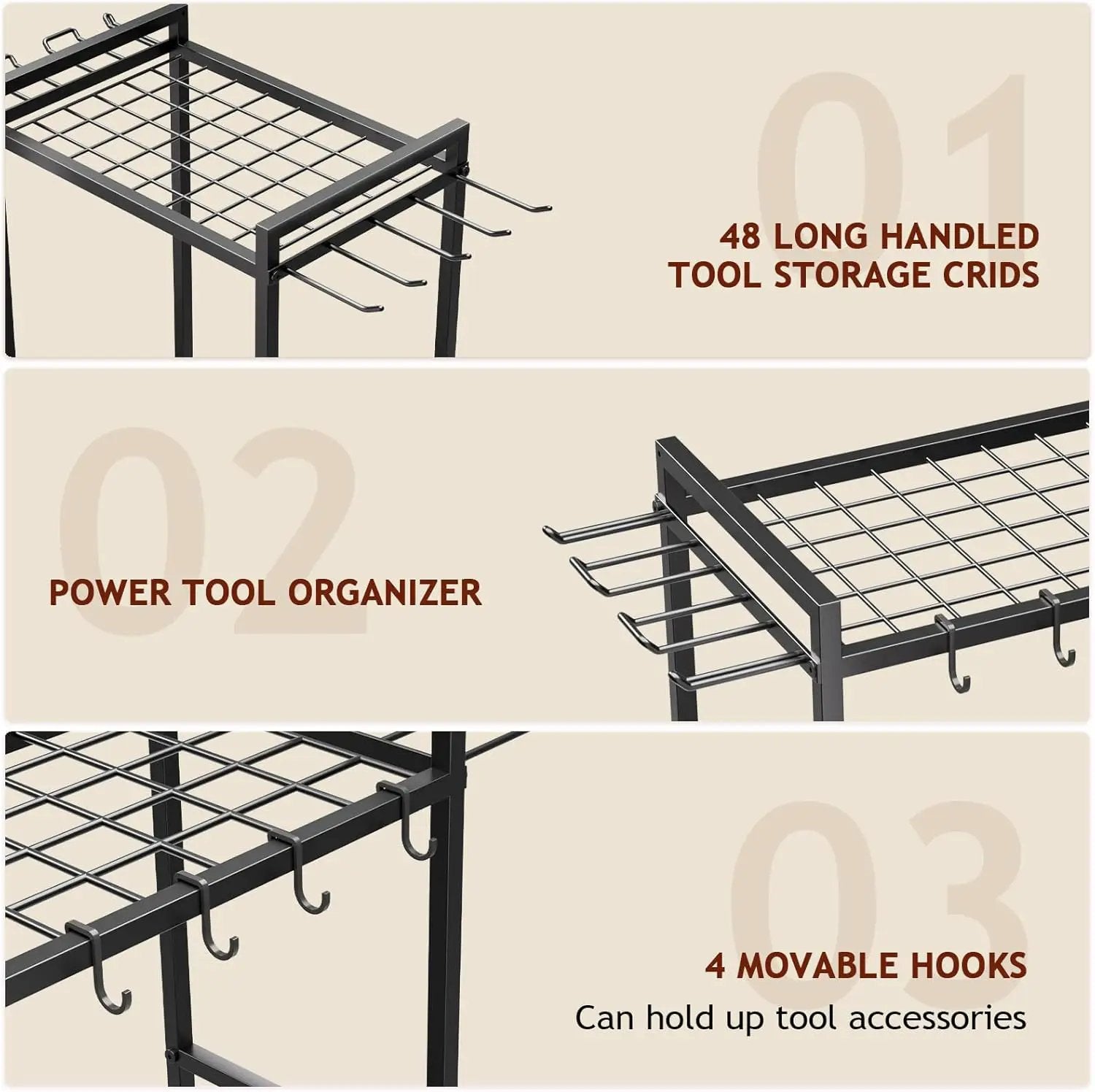 Garden Garage Tool Organizer Yard Tool Organizer for Garage with 4 Hooks, Heavy duty Steel Garden Tool Rack Holds up to 48 Long Handled Yard tools for Storage by GreenHaven Gardens