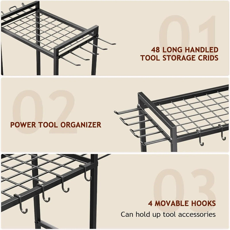 Garden Garage Tool Organizer Yard Tool Organizer for Garage with 4 Hooks, Heavy duty Steel Garden Tool Rack Holds up to 48 Long Handled Yard tools for Storage by GreenHaven Gardens