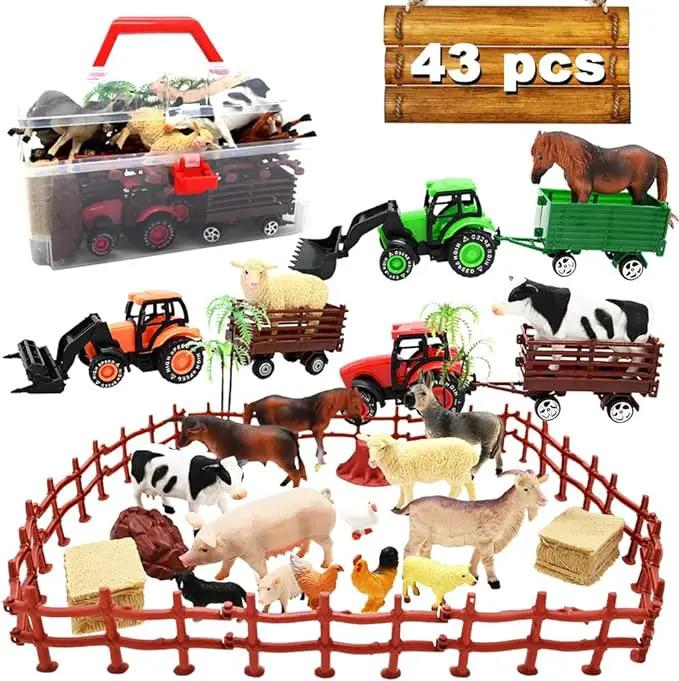 3 Pack Farm Toy Tractor with 40pcs Plastic Animals Figurines and Fence Playset, Farm Figures Farmer Vehicle Toy Truck with Trailer for 3-12 Years Old Kids Boys Girls Toddlers by GreenHaven Gardens