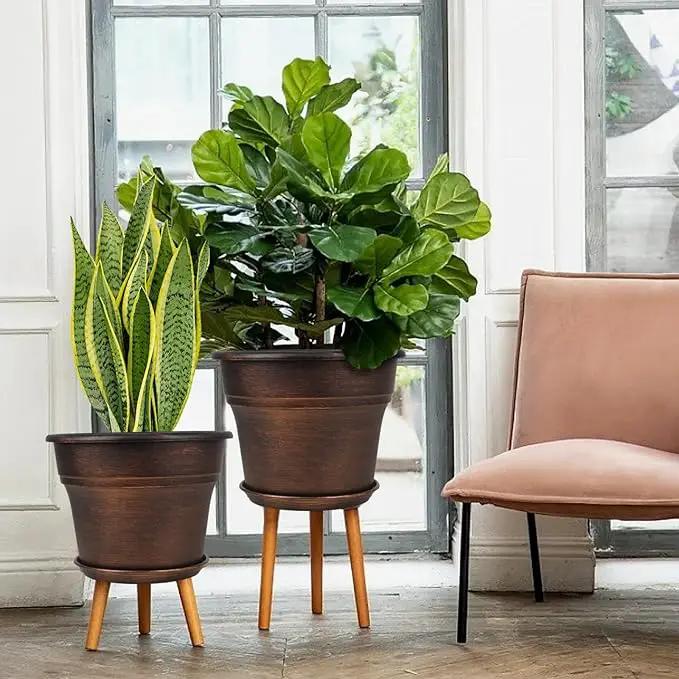 Plant Planters Pots Set of 4 Pack 8 Inch, Plastic Flower Pot for Indoor Plants with Drainage Holes & Trays, Resin Decorative Container Sets with Saucer for House Outdoor Garden Planters Copper by GreenHaven Gardens