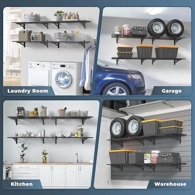 4 Pack Heavy Duty Garage Wall Shelving Set (1.5x4ft), Wall Mounted Garage Shelves 1000lbs Capacity, 18"x96" Shelf Storage Rack Floating Shelves, Black by GreenHaven Gardens