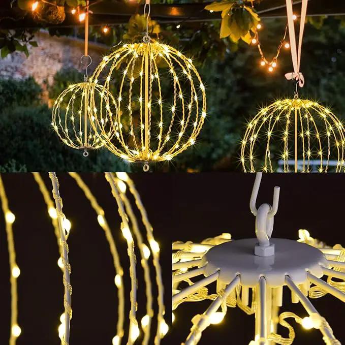 20IN Foldable Metal Frame Light Sphere - 200LED Hanging Tree and Pathway Light with Hook and Stake, UL Listed, White Frame, Warm White by GreenHaven Gardens