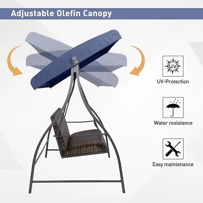 BPS 3 Seat Outdoor Porch Swing with Adjustable Canopy, PE Wicker Patio Swing Chair with Quick-Drying Foam Seat, 882 LBS Capacity, Proch Swings for Deck, Backyard, and Lawn, Dark Blue by GreenHaven Gardens