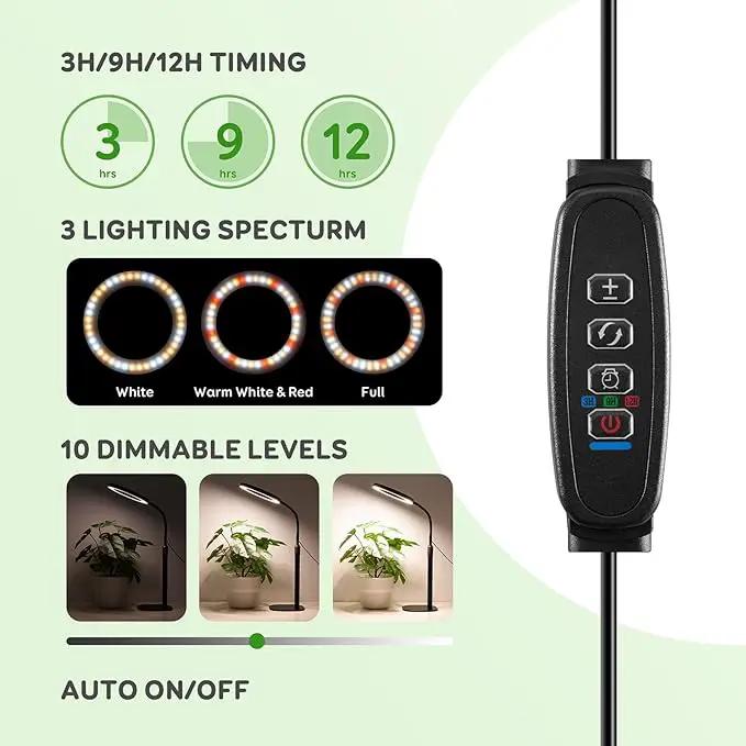 Dual Heads Grow Lights for Indoor Plant Full Spectrum, Desk Halo Plant Lights for Indoor Growing with 3/9/12 Timer, 5 Dimmable Levels,Height Adjustable 9.4-23.6",Strong Metal Base Happy Light by GreenHaven Gardens