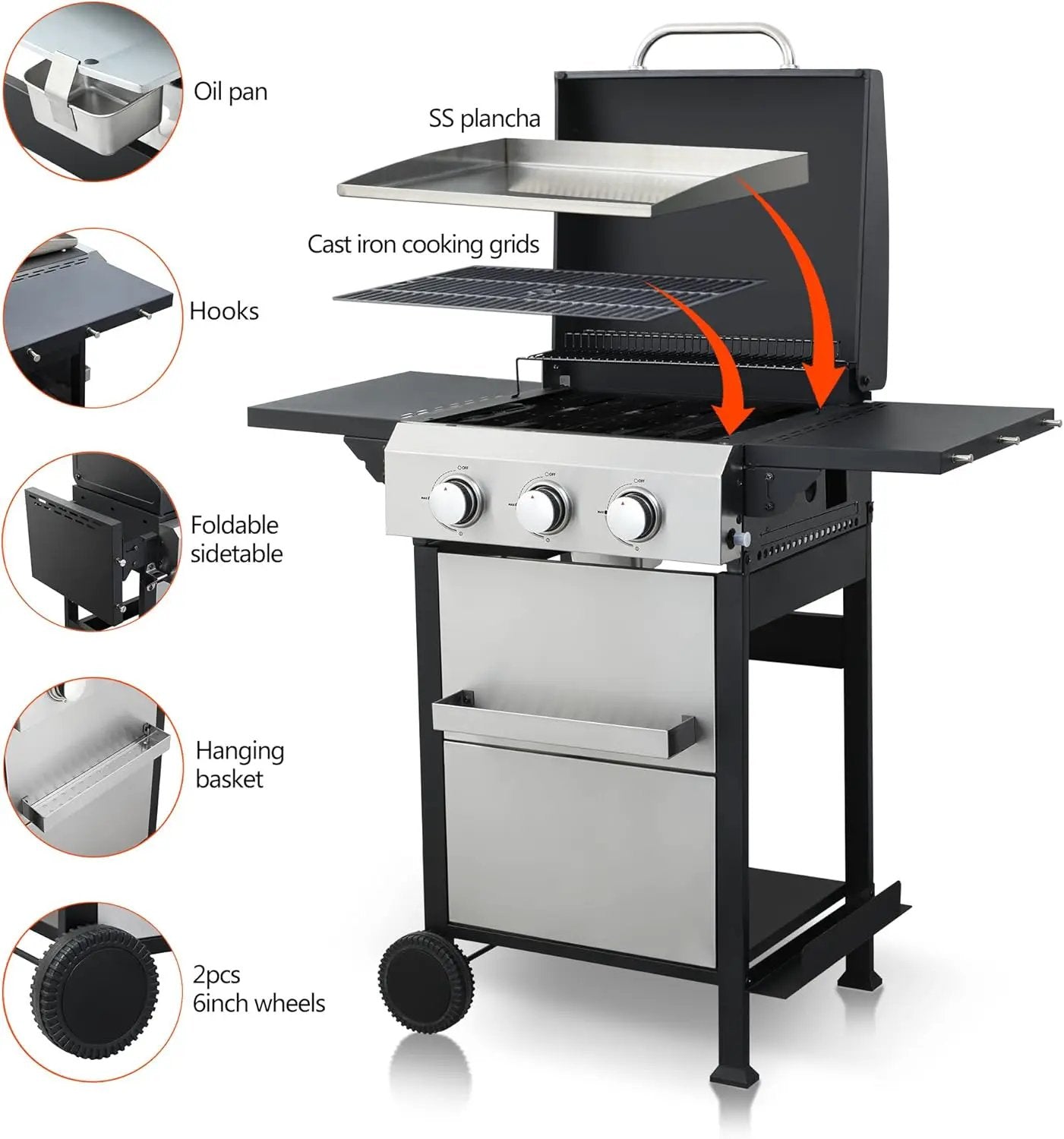 3-Burner Propane Gas BBQ Grill with SS Plancha, 36,900 BTU Output, Wire Enamel Grids, Foldable Side Table and Hanging Basket, Stainless Steel Grill for Patio Use by GreenHaven Gardens