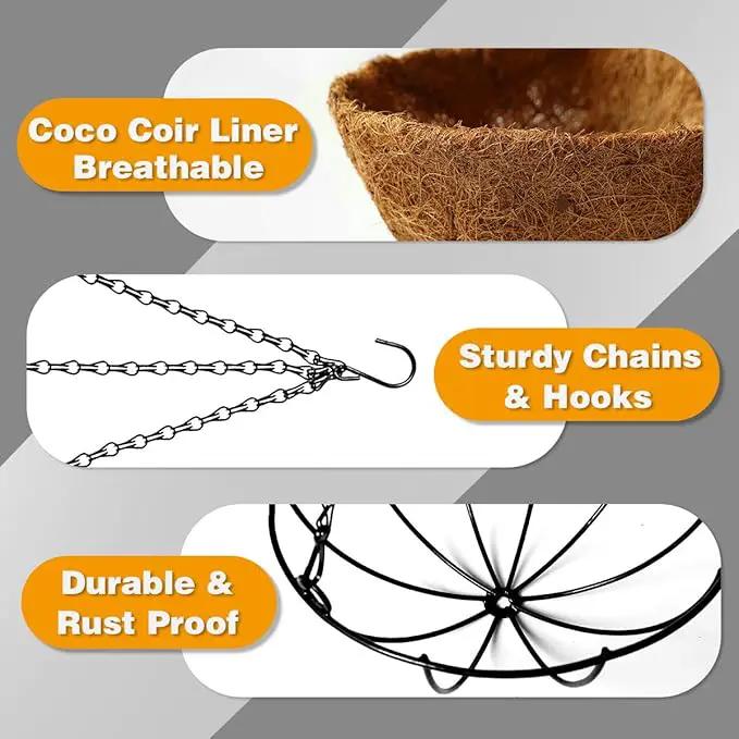 Hanging Plant Basket Flower Holder (4pack, 14 inch)-Metal Wire Round Hanging Basket Planter with Coco Fiber Liners for Plants Flower Pots Indoor Outdoor Garden Porch and Balcony Decor by GreenHaven Gardens