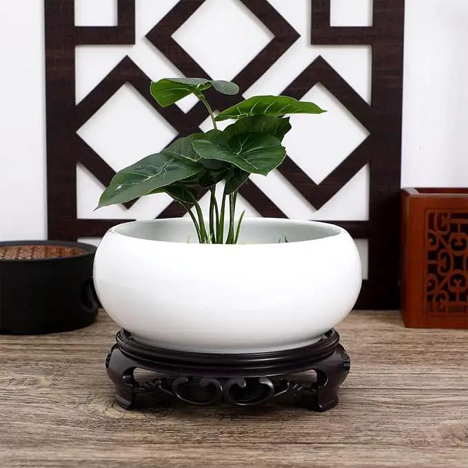 Ceramic Chinese Pot with Base White Water Lily Bowl 6Inch Porcelain Lotus Pot Jardiniere Planter Oriental Fish Bowl Bonsai Vase by GreenHaven Gardens