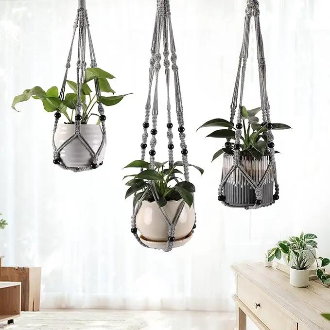 3-Pack Macrame Plant Hanger Indoor - Hanging Planter Basket for Indoor Outdoor - Decorative Boho Plant Holders Set with Beads - Ceiling Flower Pot Holder with 6 Hooks - 35"/30"/24" Gray by GreenHaven Gardens