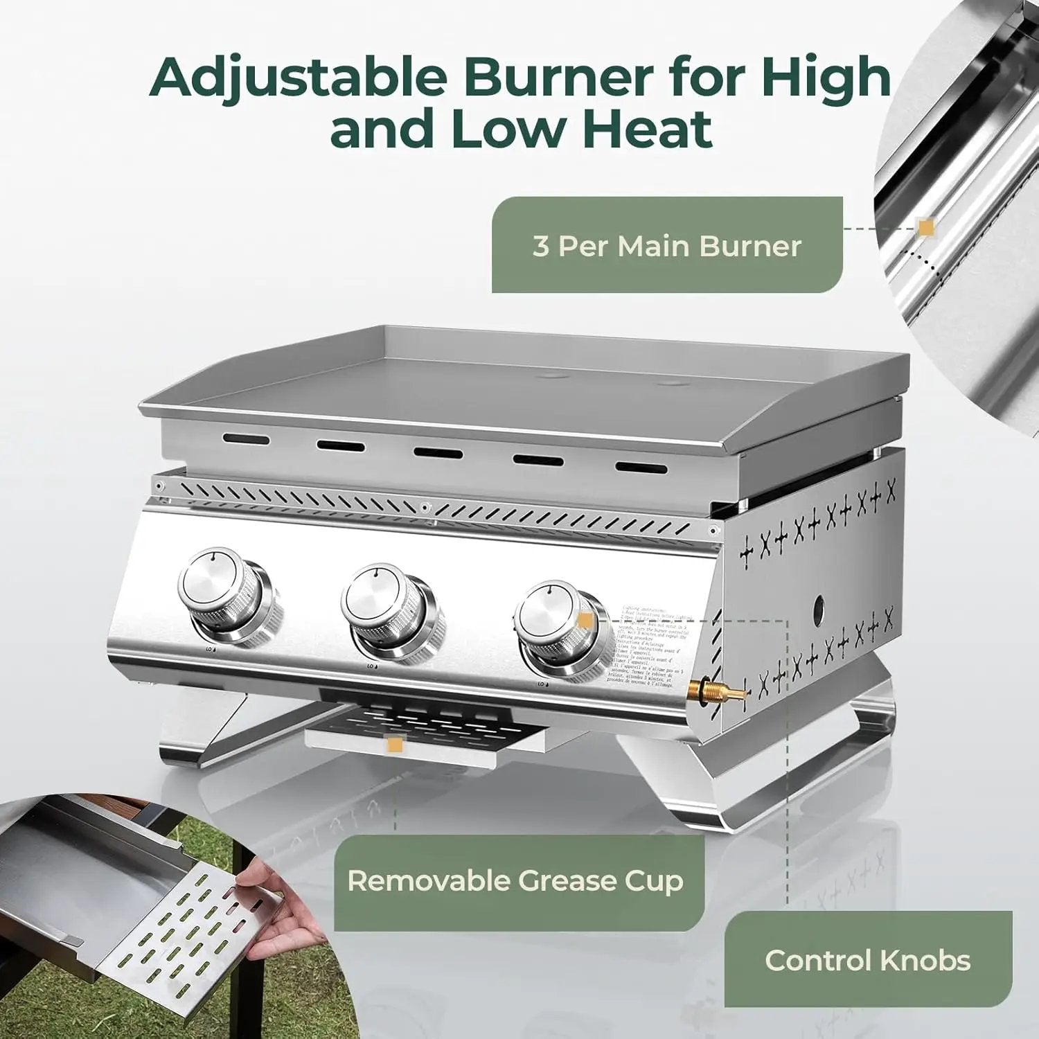 R.W.FLAME 3-Burner Tabletop Propane Gas Grill Stainless Steel Portable Outdoor Griddle,24,000 BTU Compact Flat Top Camping BBQ Grill,347 Sq. In. Cooking Area by GreenHaven Gardens
