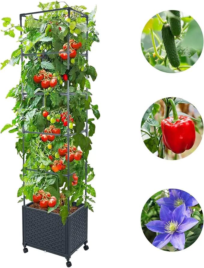 GREEN MOUNT Raised Garden Bed Planter Box with Trellis for Climbing Vegetables Plants, 67.6" Outdoor Tomatoes Planters Tomato Cage w/Wheels by GreenHaven Gardens