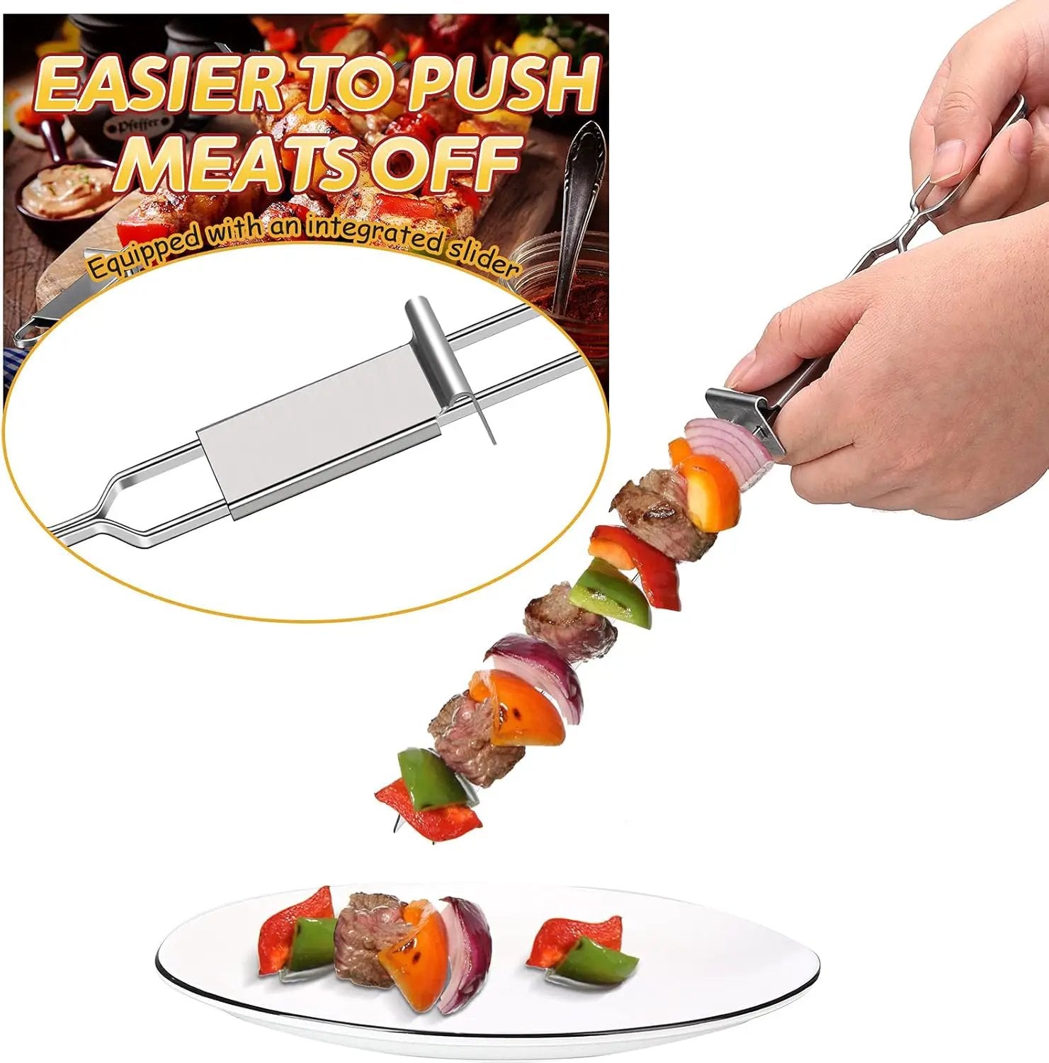 Lallisa Kabob Skewer for Grilling, Metal Stainless Steel BBQ Stick with Push Bar, Double Pronged Kebab Tool Quick Release Meat, Chicken, Vegetable and Fruit (6 Pieces), 2.8 x 32.5 cm/ 1.1 12.8 inch by GreenHaven Gardens