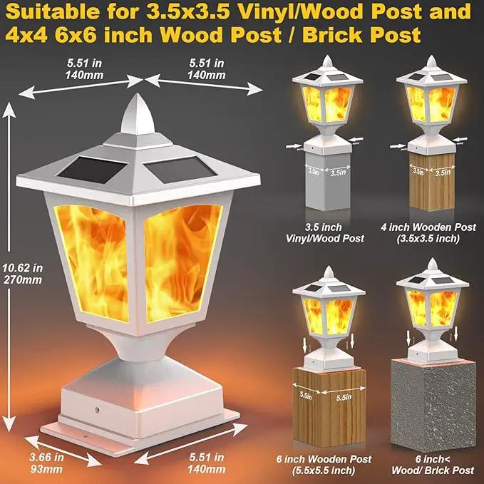 Solar Post Flame Light,Outdoor Deck Fence Post Cap LED Light,Waterproof 4x4 5x5 6x6 White Post Top Solar Powered Light with Flickering Flame for Garden Outside, 4 Pack by GreenHaven Gardens