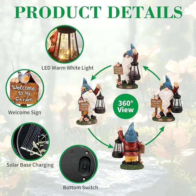 Garden Gnome Statues Figurine Lights - Solar Powered Lighting Outdoor Decorations with Lantern & Welcome Sign, Yard Art Lawn Ornaments for Porch Patio Balcony - Gnome Gifts for Women Mom by GreenHaven Gardens