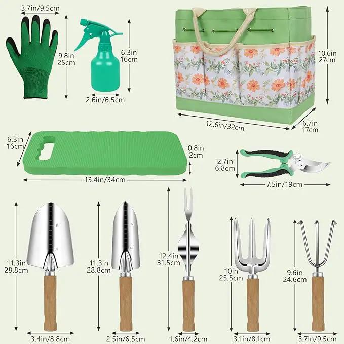 Gardening Tools 10-Piece Heavy Duty Stainless Steel Hand Tools with Durable Garden Tools Storage Tote,Rust-Proof Garden Tool Set, Ideal Gardening Gifts for Women Yellow Floral Pattern Design by GreenHaven Gardens