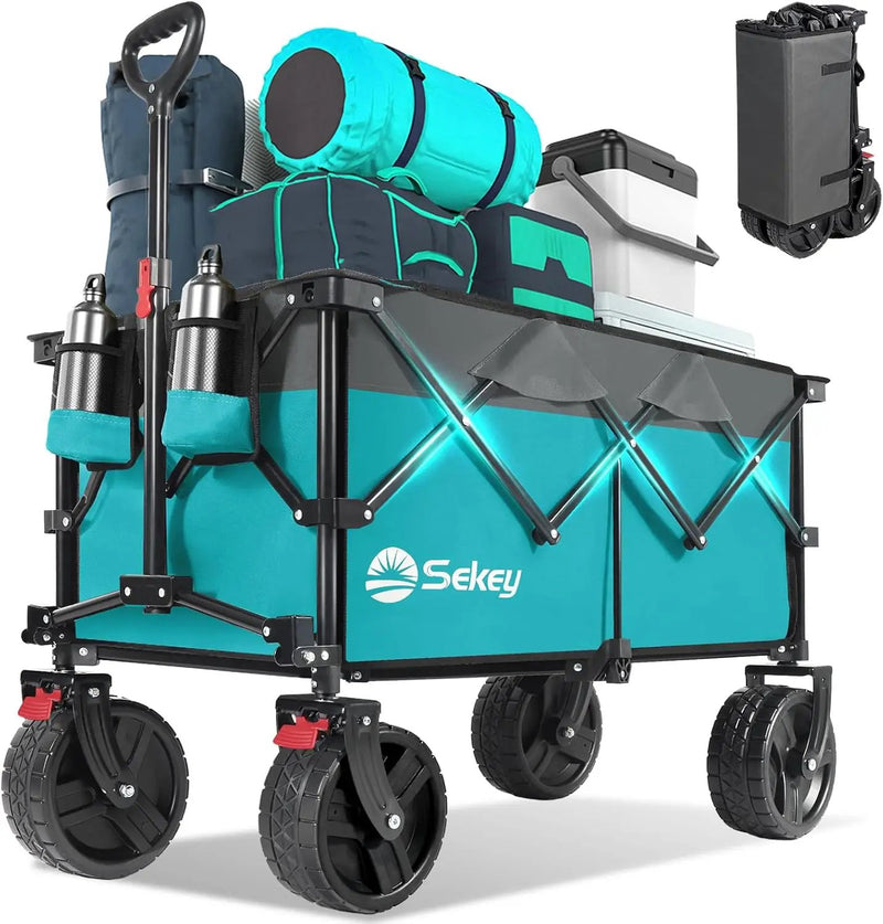 Collapsible Wagon Cart with Big All-Terrain Beach Wheels, Foldable Heavy Duty Wagons with Cup Holders, Utility Carts for Camping, Garden, Outdoor, Grocery, Sports. Turquoise by GreenHaven Gardens