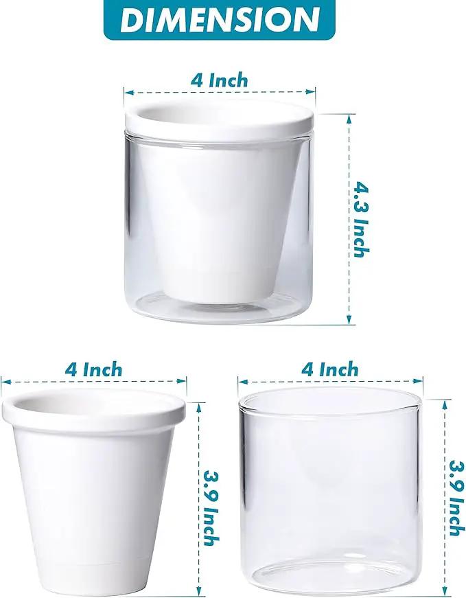 D'vine Dev 4 Inch Design Self Watering Planter for Indoor Plants, White Terracotta Pots with Cylinder Glass Cup, Set of 2, 37-Y-A-2 by GreenHaven Gardens