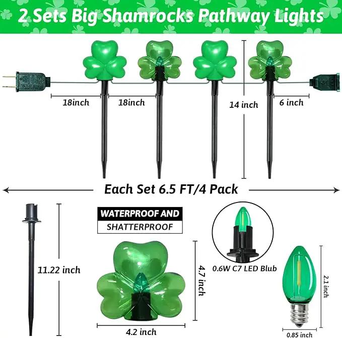 2*4 Pack LED St. Patricks Shamrock Pathway Lights for St. Patricks Day Decorations, Green Lucky Clover Pathway Stake Lights Outdoor Waterproof, UL Certified for Lawn Yard Walkway Irish Decor, Plug In by GreenHaven Gardens