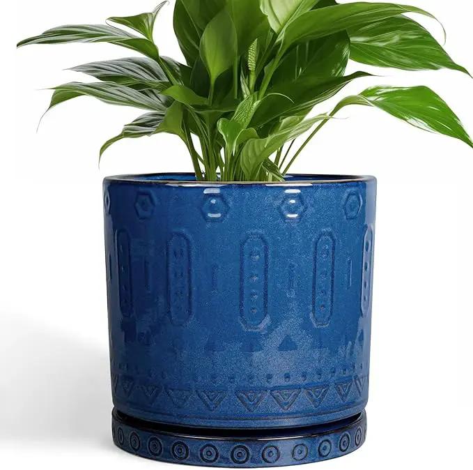 Ceramic Planter - 8 Inch Plant Pot Indoor with Drainage Holes and Saucer Round Planter Outdoor Mid-Century Modern Flower Pot Succulent Pot for Home Decor Blue by GreenHaven Gardens
