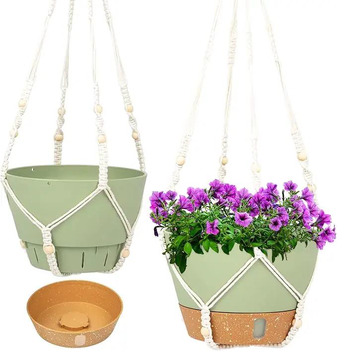 QCQHDU 2 Pack Hanging Planters for Indoor Plants, Outdoor Hanging Baskets, Self Watering Pots with Drainage Holes & Removable Tray (Green, 8 inch, Macrame Hanger) by GreenHaven Gardens