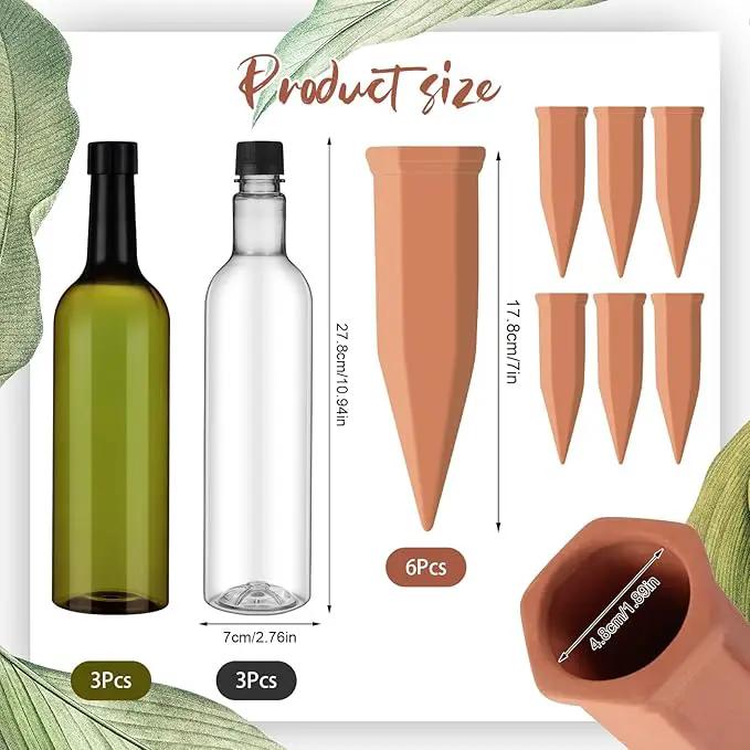 6 Sets Plant Watering Devices Include Terracotta Self Watering Spikes and 26 oz Plastic Bottles, Slow Release Vacation Insert Automatic Plant Waterer Device (Clear Green and Terracotta) by GreenHaven Gardens