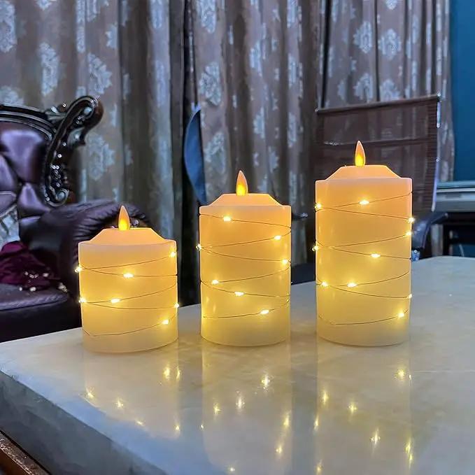Battery Operated Flameless LED Candles: with Embedded String Lights, 3 Pack Flickering Electric Candle with 10-Key Remote Control for Seasonal Festival Celebration Real Wax(Batteries not Included) by GreenHaven Gardens