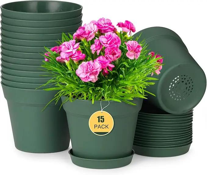 Homenote Plant Pots,15 Pack 6 inch Flower Pots with Multiple Drainage Holes and Saucers,Plastic Planters for All Home Garden Flowers Succulents(Green) by GreenHaven Gardens