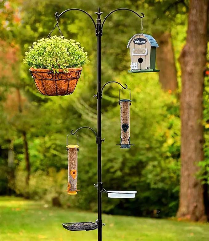 Premium Bird Feeding Station with 2 Bird Feeders Included for Outside - Multi Feeder Pole Stand Kit with 4 Hangers, Bird Bath and 5 Prong Base for Attracting Wild Birds - 22 Inch Wide x 91 Inch Tall by GreenHaven Gardens